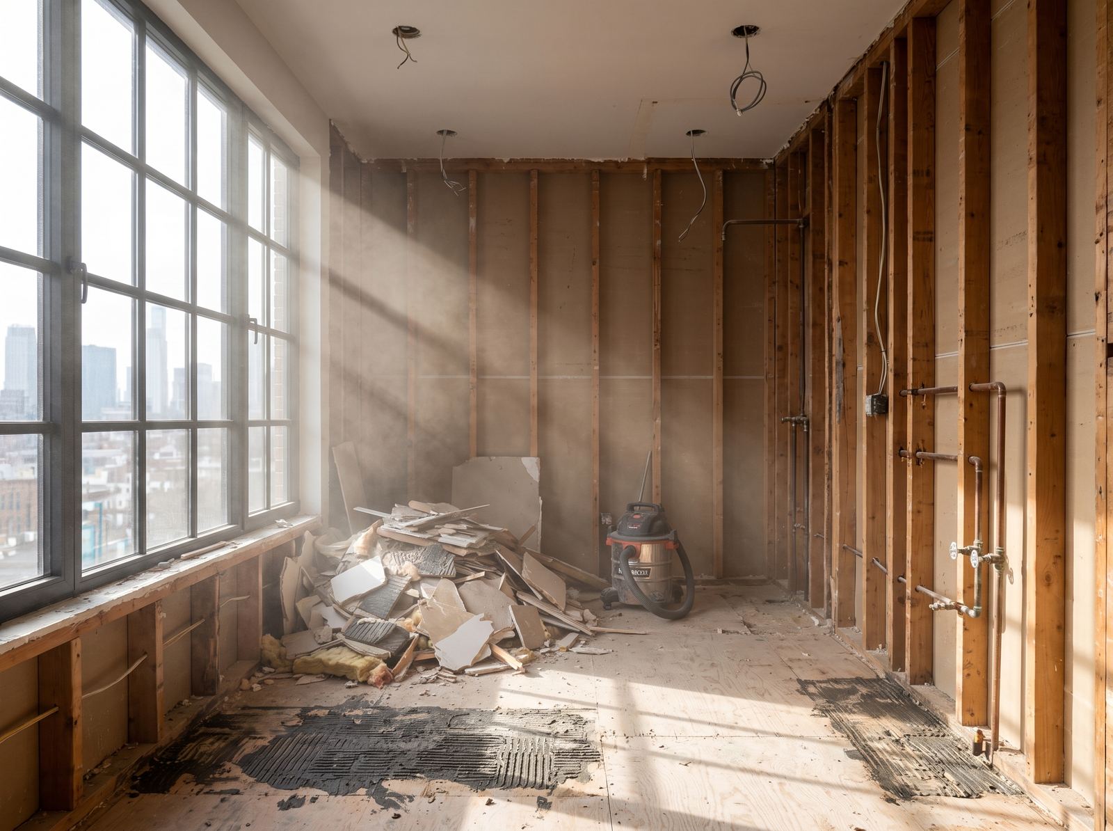 Bathroom mid demolition, stripped to studs and subfloor