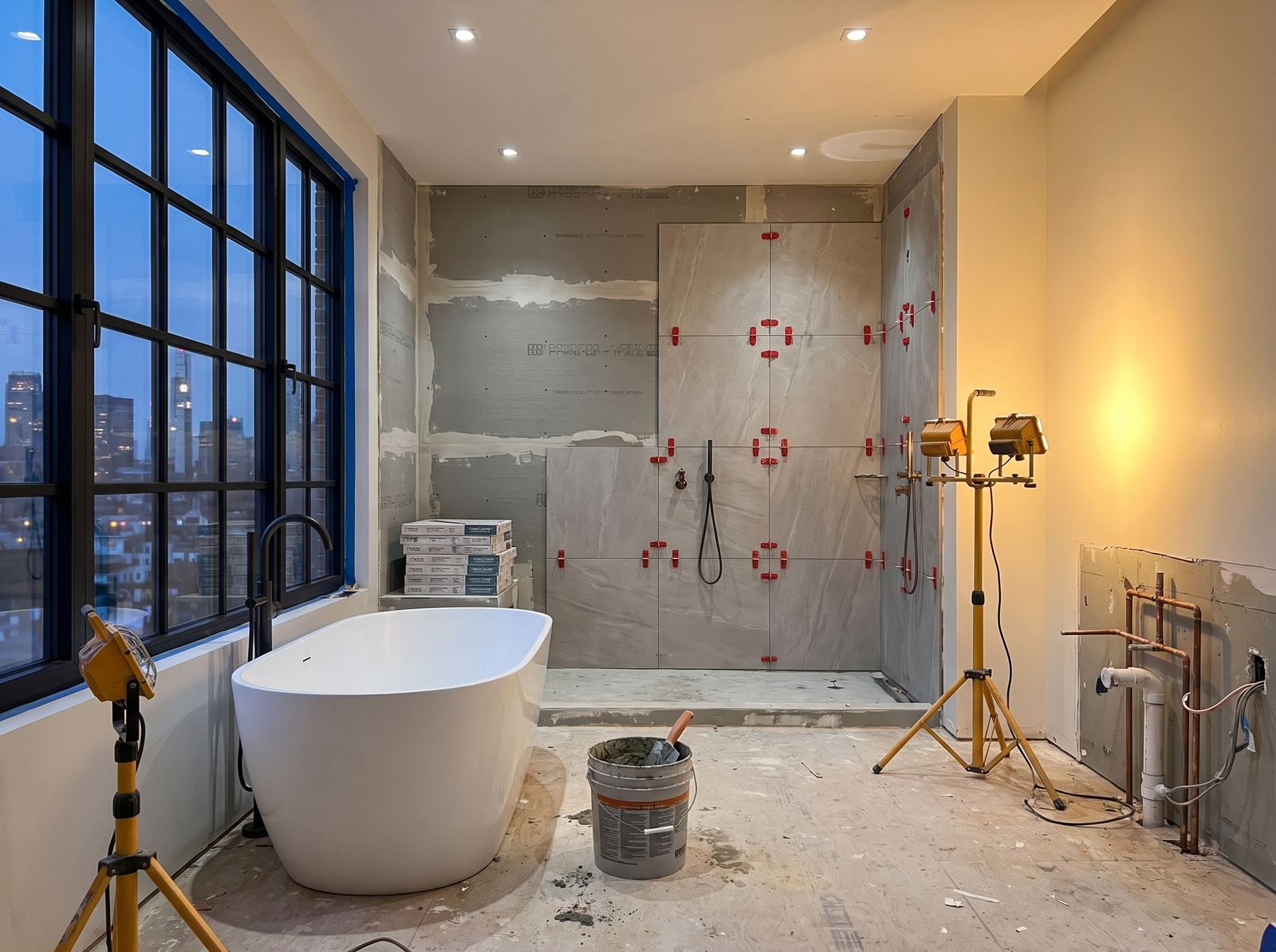 Bathroom mid renovation, tile and plumbing rough in progress