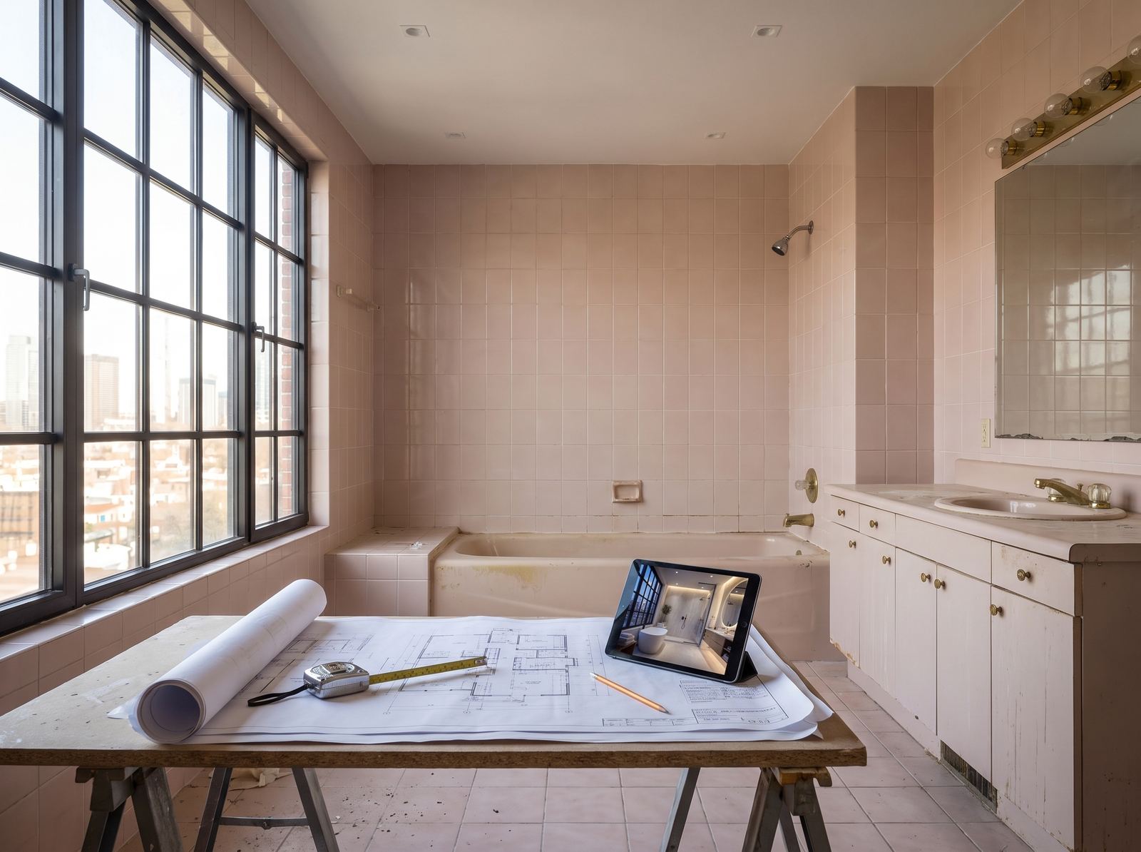 Bathroom renovation planning stage, blueprints and measurements