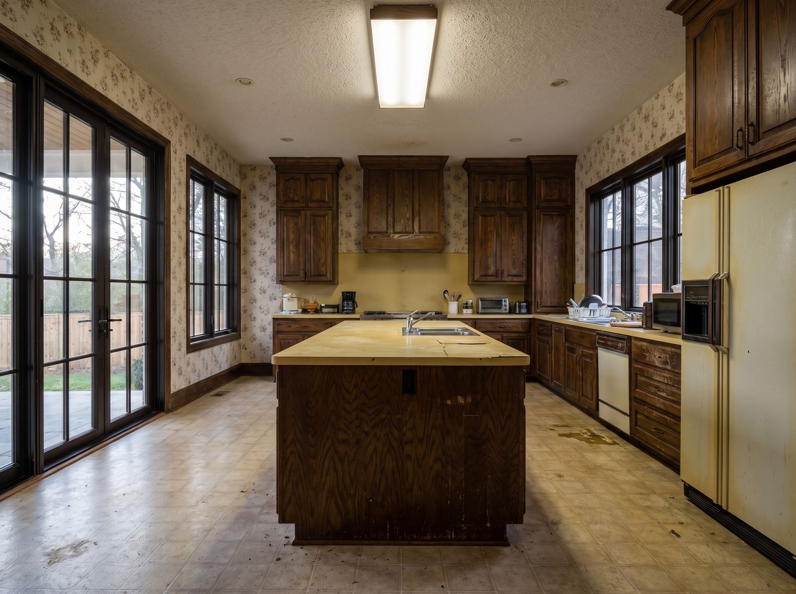 Kitchen before renovation, dated and worn