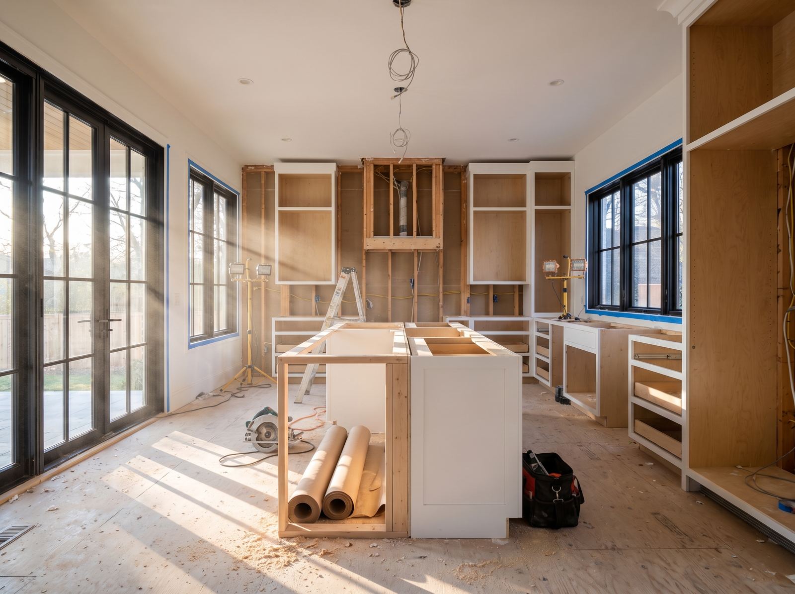 Kitchen mid-renovation, framing and construction in progress